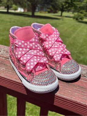 Converse Pink Rhinestone Kids High-Top Sneakers with Polka Dot Ribbon